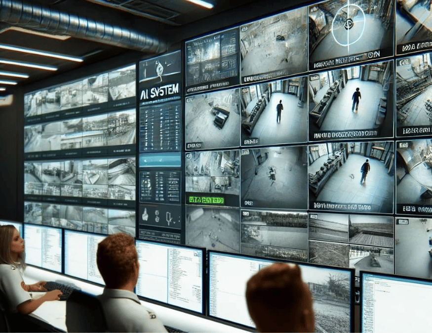 Imagem mostrando monitoramento de segurança com IA, relatórios detalhados e vigilantes em tempo real.